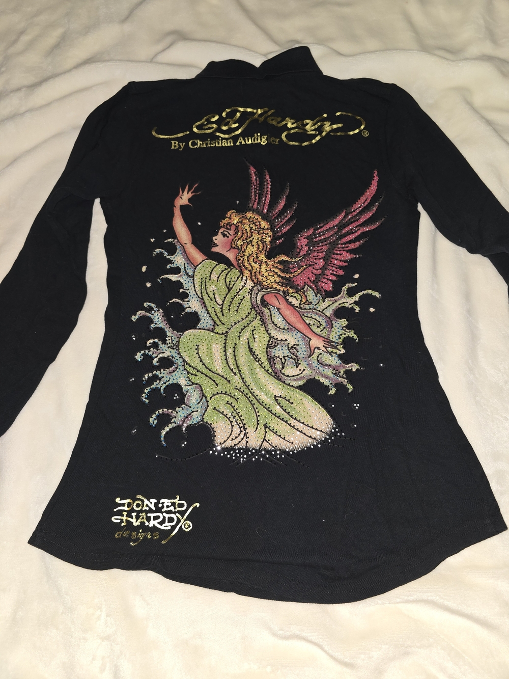 Ed Hardy Women’s Black Long-Sleeve Polo Top with Pink Floral Accent - Picture 4 of 7